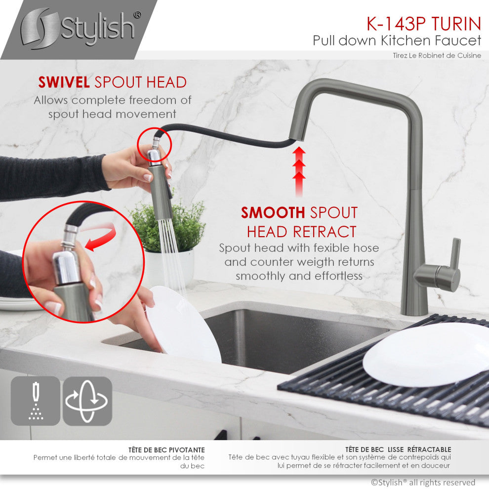 STYLISH Modern Single Handle  Pull Down Sprayer Kitchen Faucet in Gunmetal