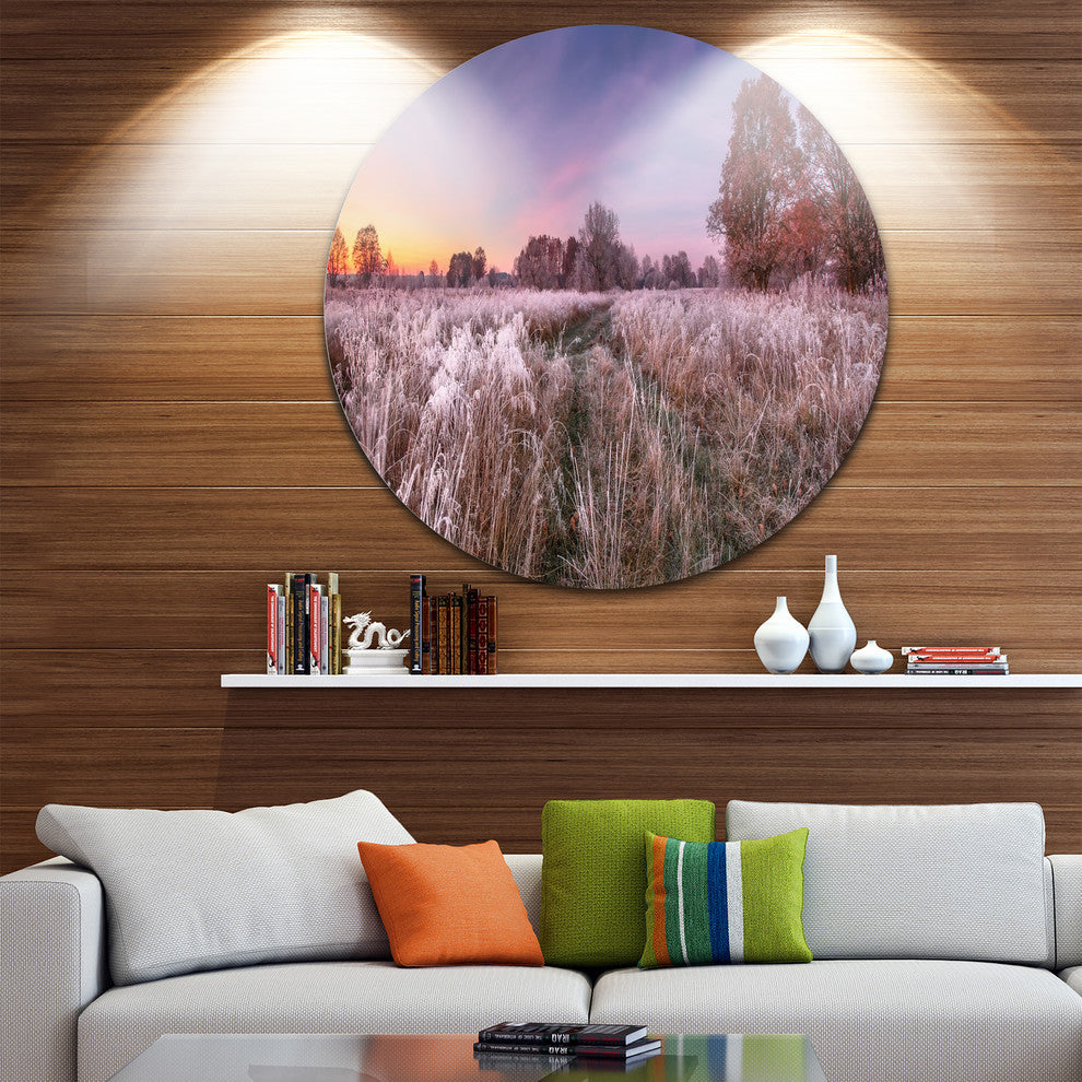 Frosty Fall Trees With Red Leaves, Landscape Round Metal Wall Art, 11"
