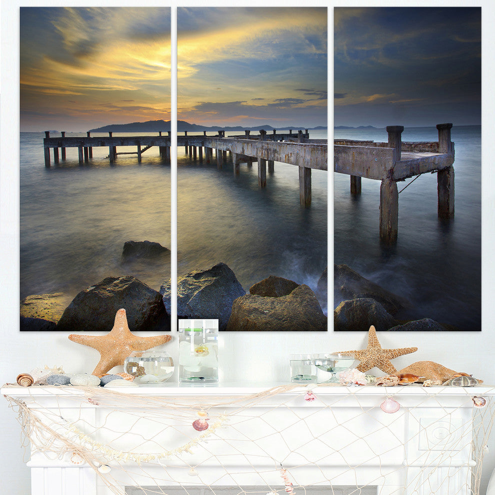 "Old Wood Boat Jetty into Blue Sea" Metal Wall Art, 3 Panels, 36"x28"