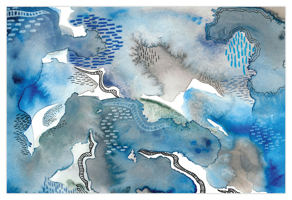 Blue Abstract Wall Art Printed on Frameless Free Floating Tempered Glass Panel