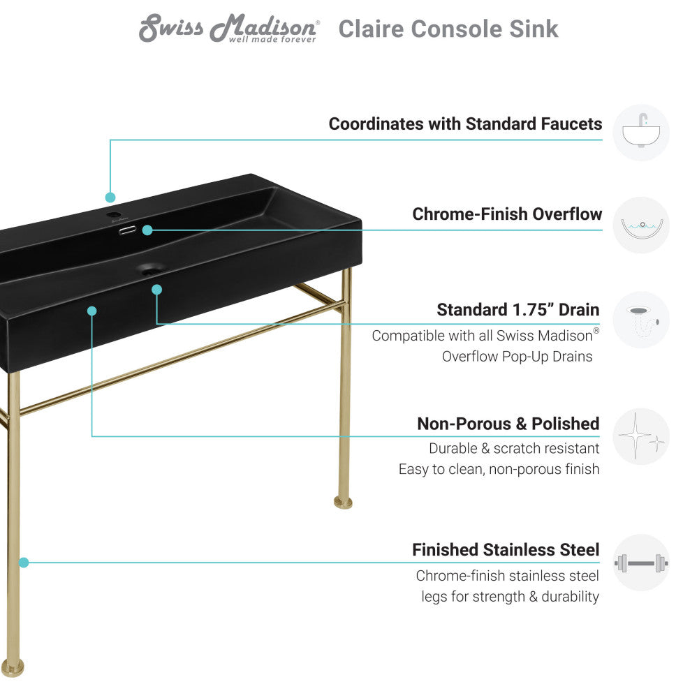 Claire 40" Ceramic Console Sink Matte Black Basin Gold Legs