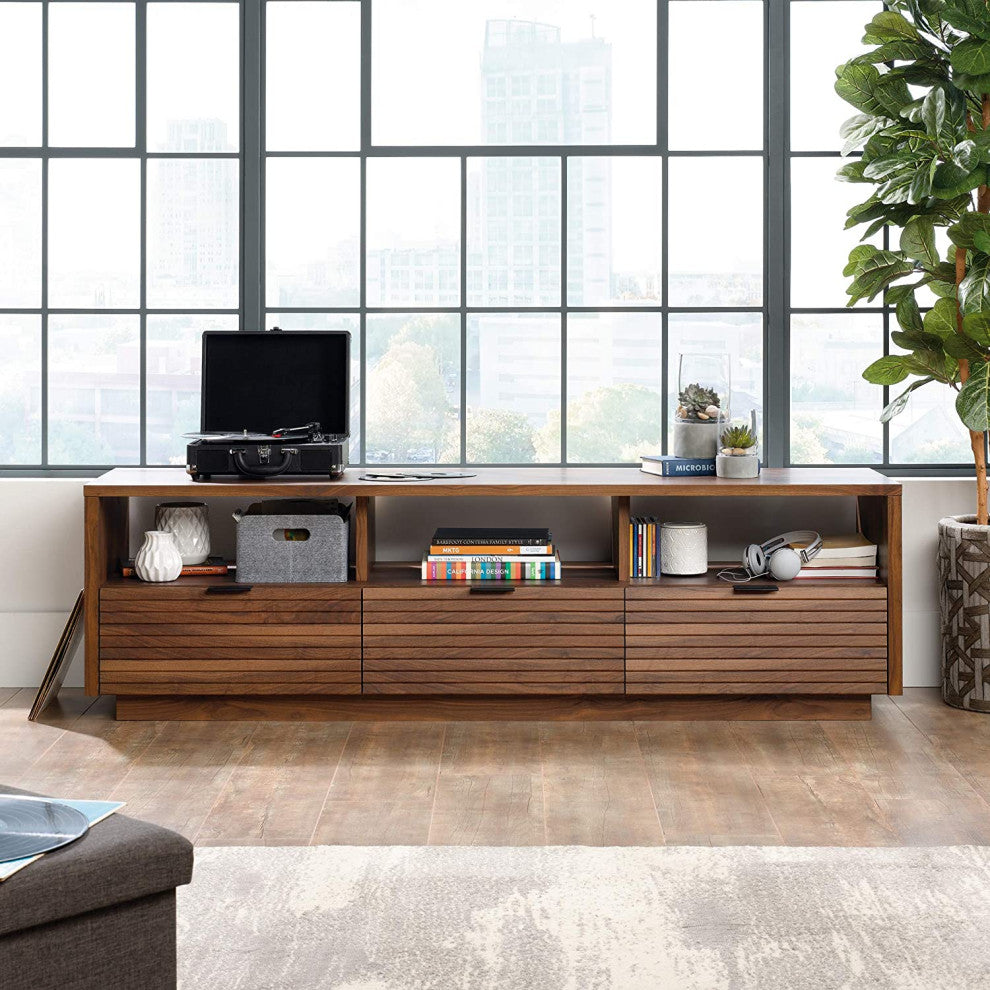 Transitional TV Stand, 3 Cubbies and 3 Drawers With Grooved Front, Gra