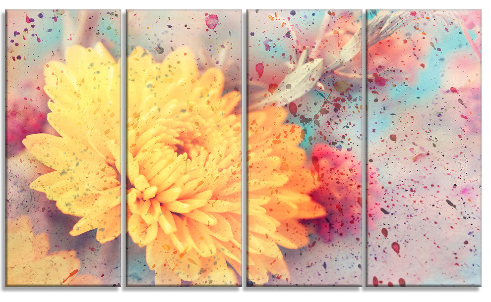 Aster Flower with Watercolor Splashes, Flower Art on Canvas, 48"x28", 4 Panels