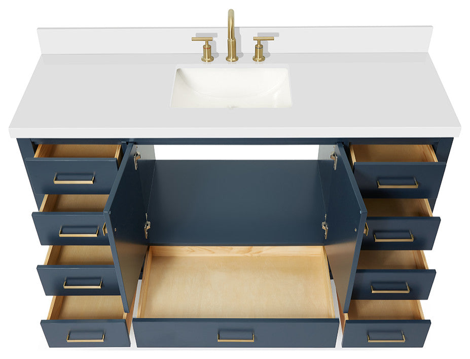 ARIEL Cambridge 61" Single Rectangle Sink Blue Vanity Quartz Top, No Mirror