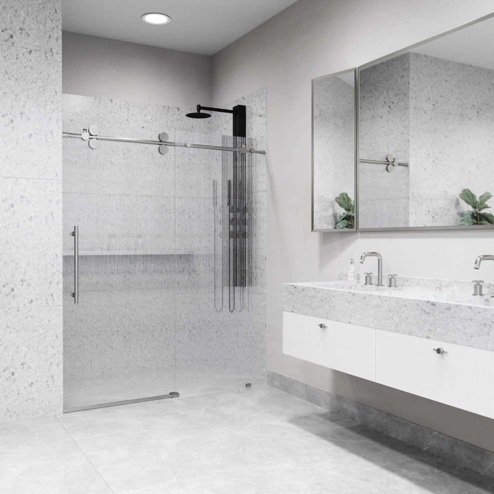 VIGO Elan 68" to 72" W x 74" H Frameless Sliding Shower Door, Stainless Steel, Left, Fluted Glass