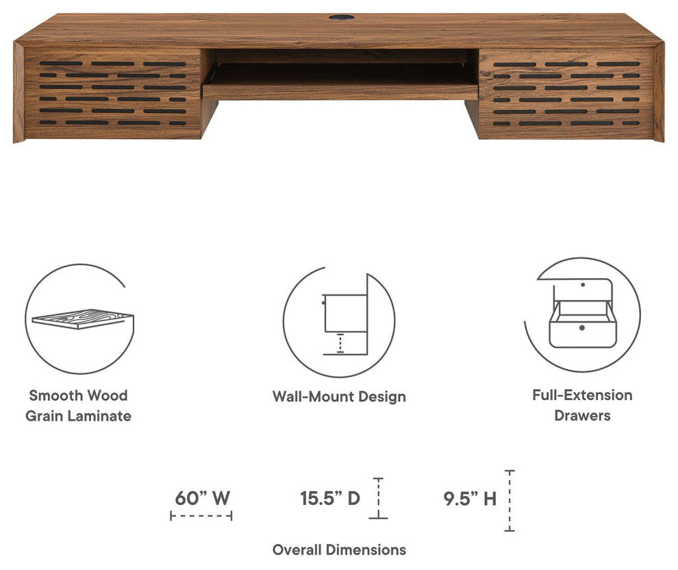 Merit 60" Wall Mount Wood Office Desk, Walnut
