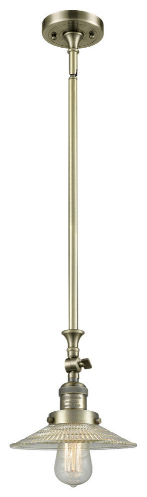 1-Light LED Halophane Mini Pendant, Antique Brass, Clear Halophane