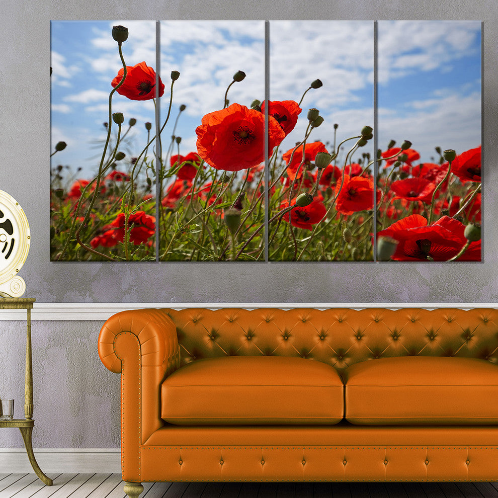 Bright Red Poppy Flowers Photo, Flower Artwork on Canvas, 48"x28", 4 Panels