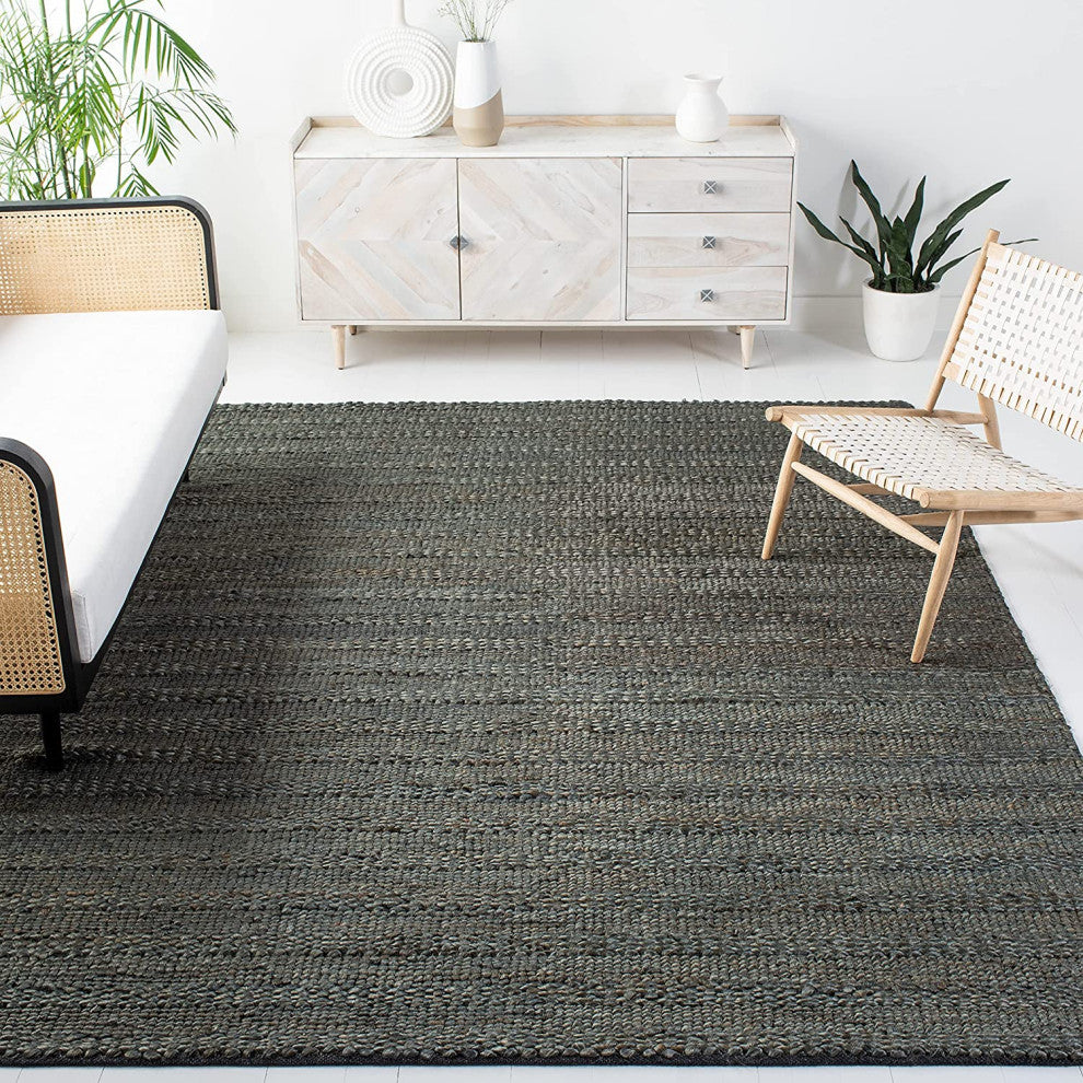 Traditional 8x10 Hand-Woven Area Rug with Geometric Pattern, Natural Jute Fiber, Charcoal