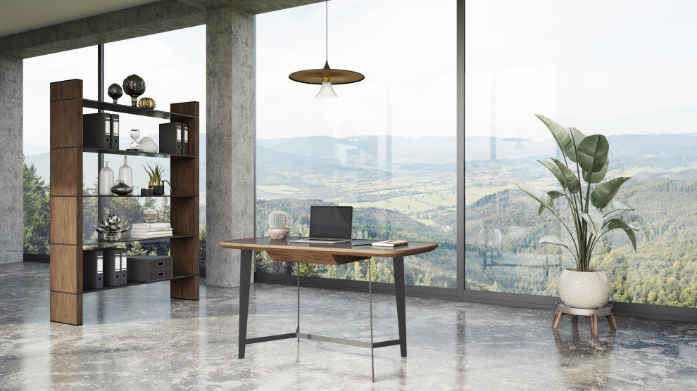 Modrest Glencoe Modern Walnut and Black Glass Bookshelf