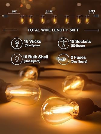 50FT LED Outdoor String Lights with Edison Shatterproof Bulbs