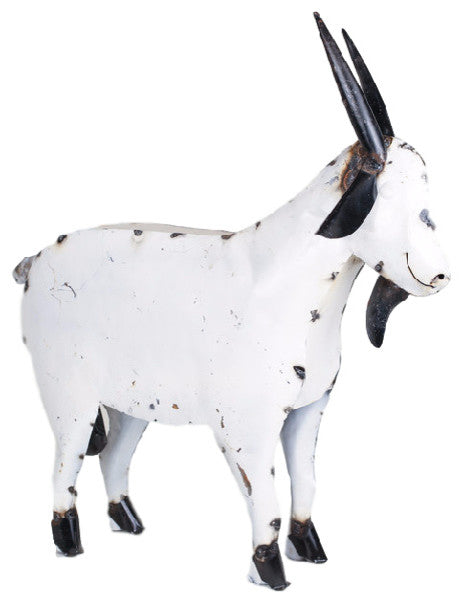 Recycled Metal Garden Farmhouse Goat-Handmade-Rustic, White & Black, Large