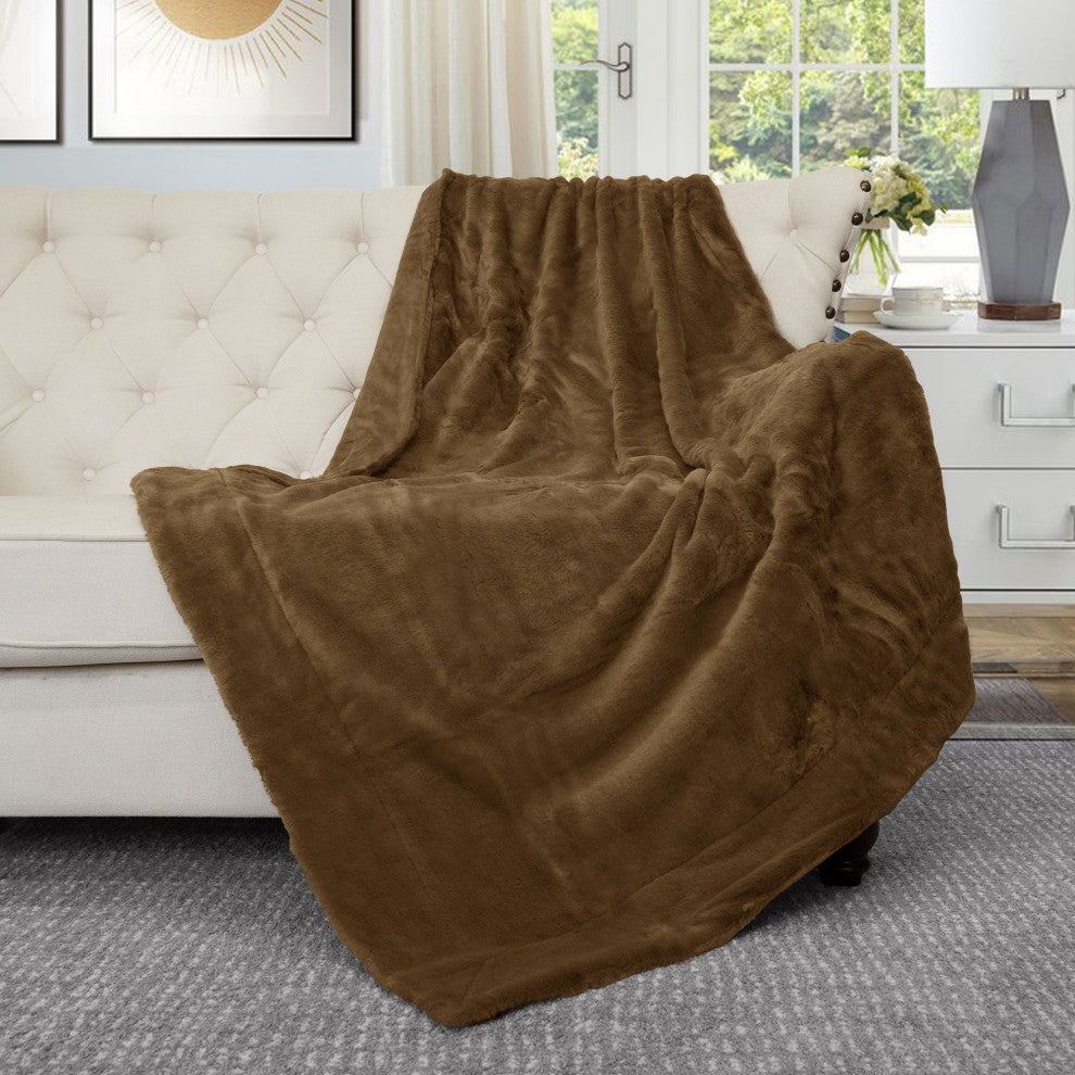 Solid Faux Fur Couch Throw Blanket, Brown