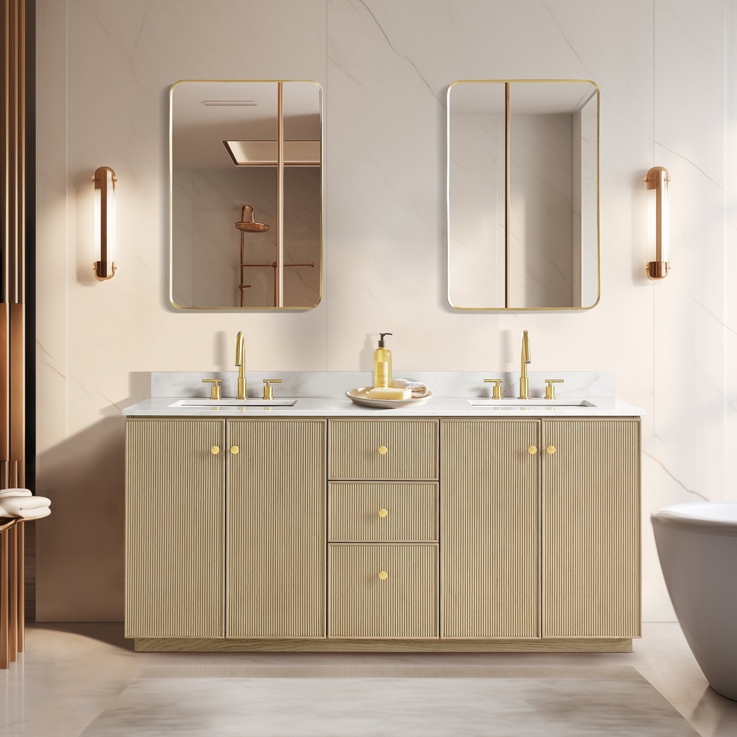 Oza Bath Vanity with Quartz Stone Top, Aged Natural Oak, 72", Double Vanity, No Mirror