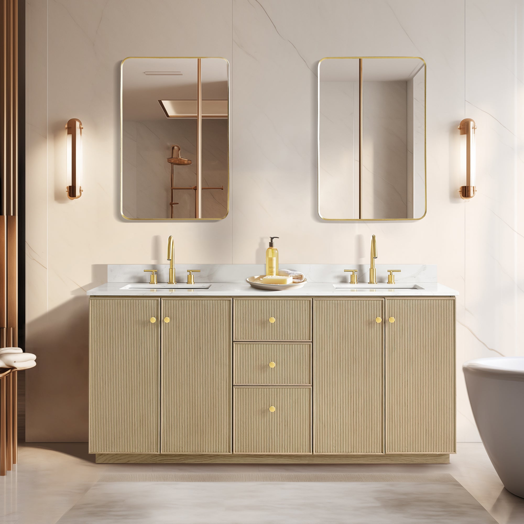 Oza Bath Vanity with Quartz Stone Top, Aged Natural Oak, 72", Double Vanity, No Mirror
