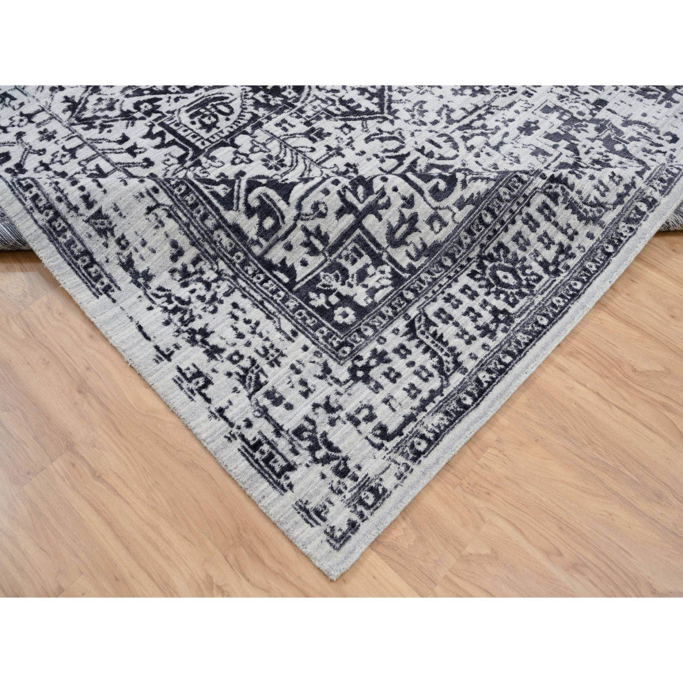 Black Erased Serapi Heriz Design Wool and Silk Hand Loomed Rug 9'0" x 11'10"