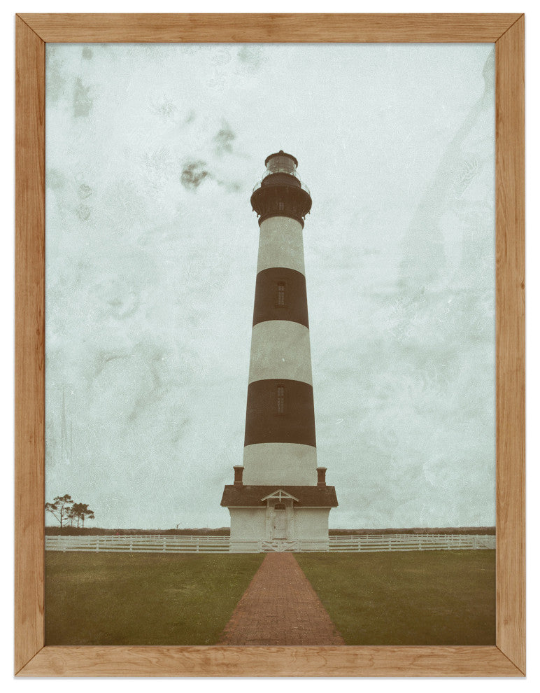 Aged Bodie Lighthouse Landscape Framed Photo Paper Wall Art Prints, Red Oak, 18" X 24"