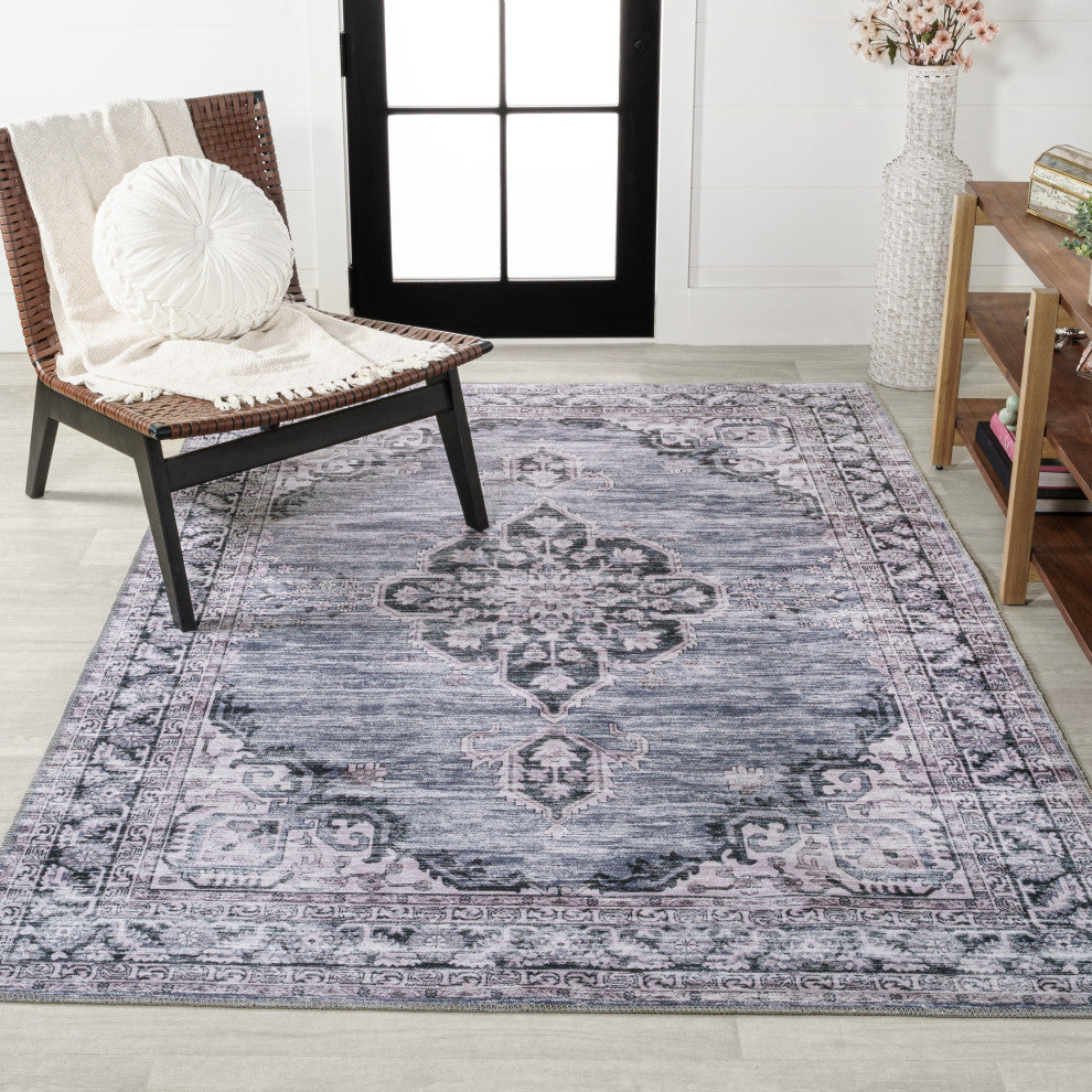 Wincer Chenille Cottage Medallion Washable Rug, Navy/Gray/Black, 5 X 8