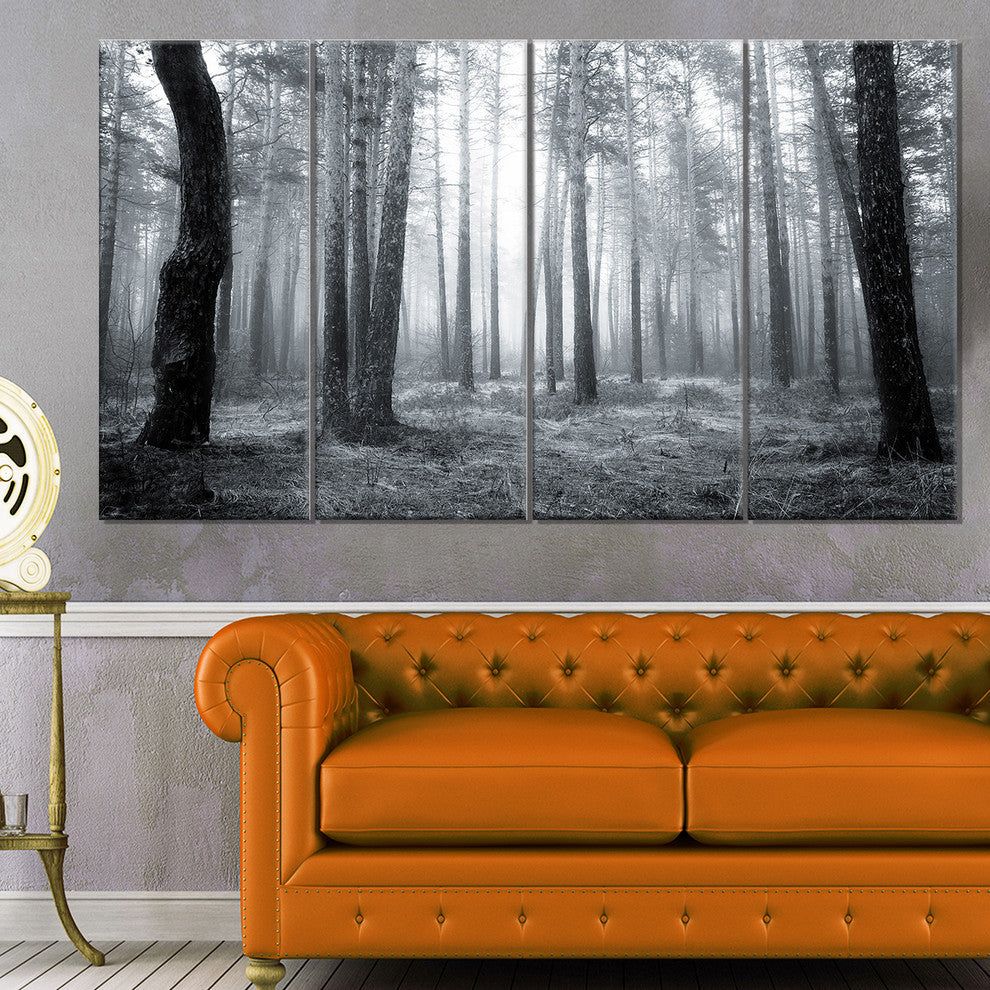 Black and White Foggy Forest, Forest Canvas Art Print, 48"x28", 4 Panels