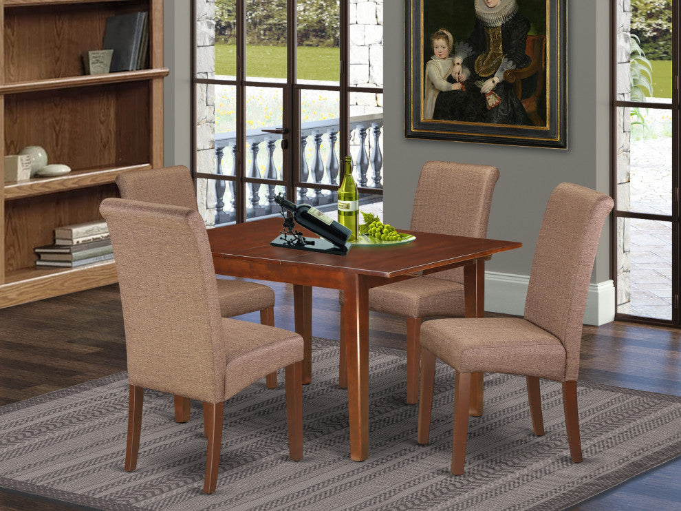 5Pc Kitchen Table, Linen Brown Fabric Dining Chairs, Mahogany Chair Legs