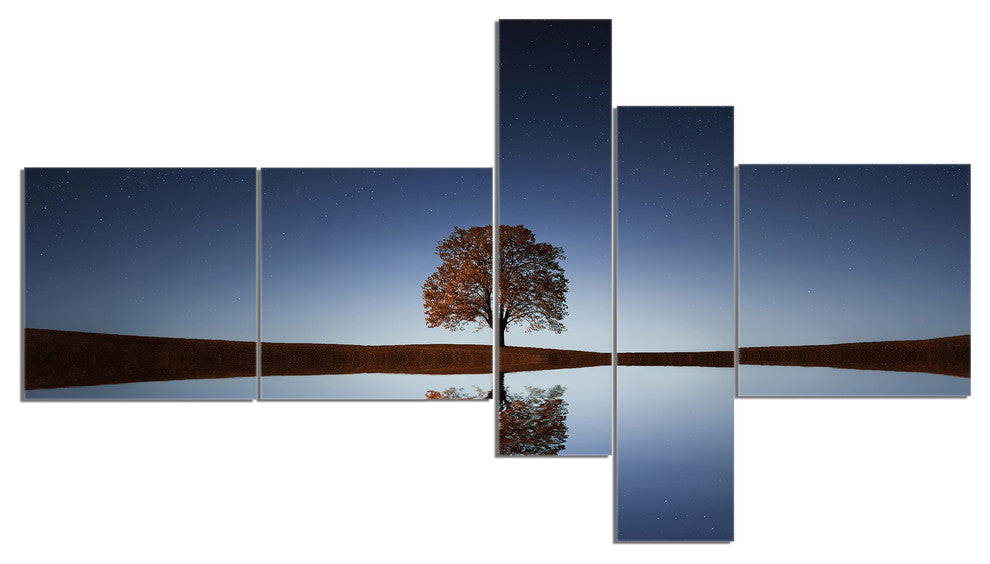 Tree Near Lake at Night, Landscape Photography Canvas Print, 60"x32", 5 panels