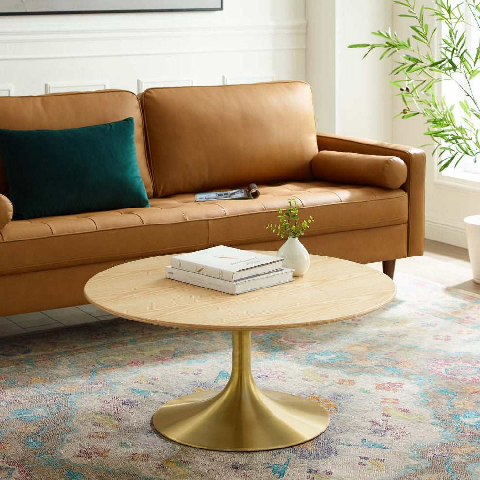Coffee Table, Round, Wood, Metal, Gold Brown Natural, Modern, Lounge Hospitality