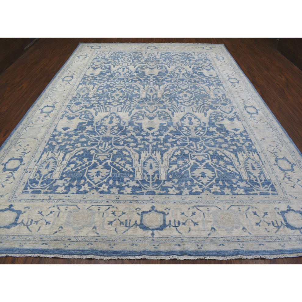 Denim Blue, Soft Wool Hand Knotted White Wash Peshawar, Rug, 9'8"x13'5"