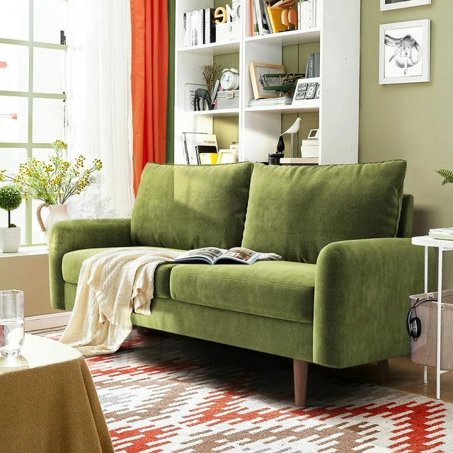 Retro Modern Velvet Loveseat with Tapered Wood Legs and Comfy Upholstered Seat, Army Green