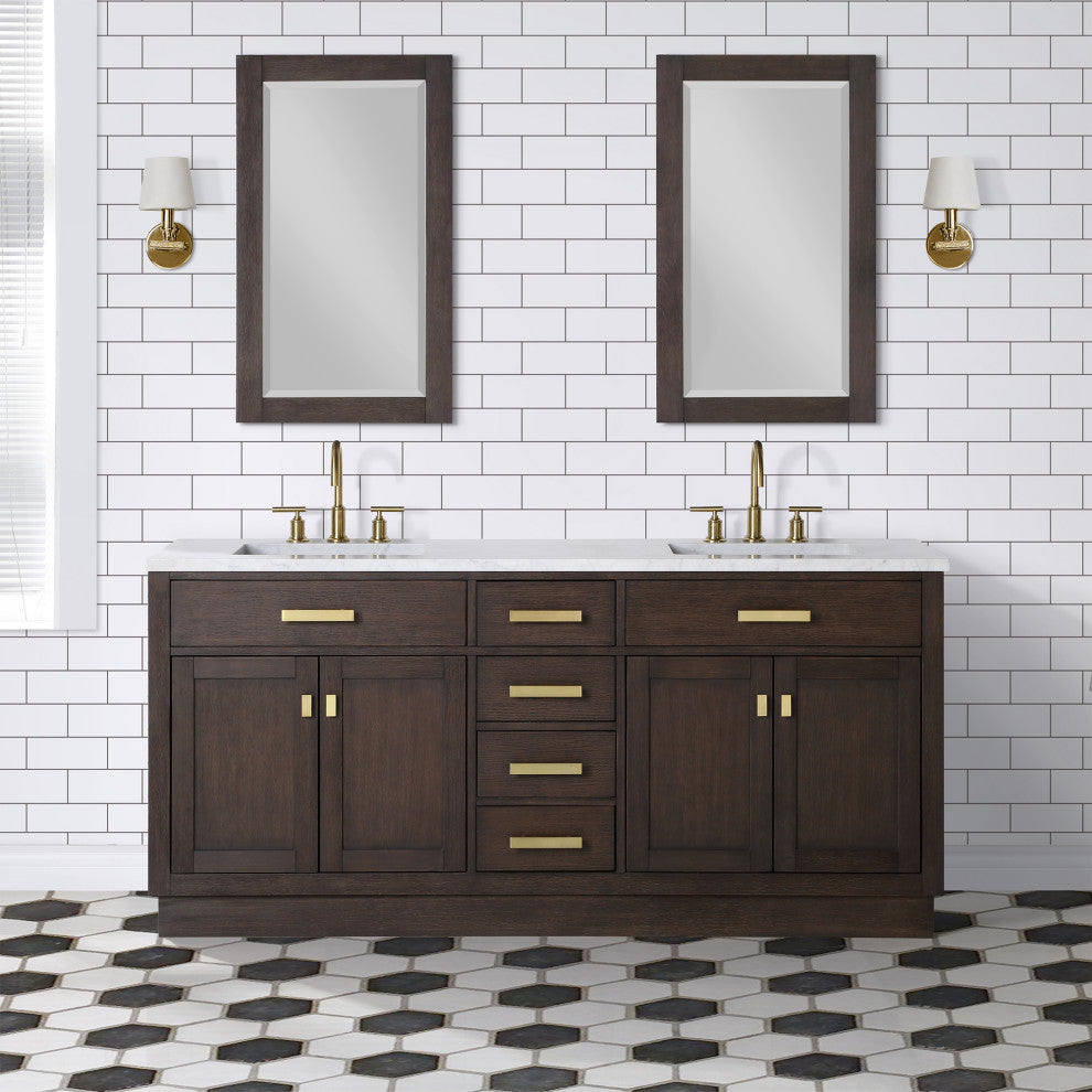 Water Creation Chestnut 72" Bath Vanity, Brown Oak, Satin Gold Hardware, With Mirror(s) and Faucet(s)