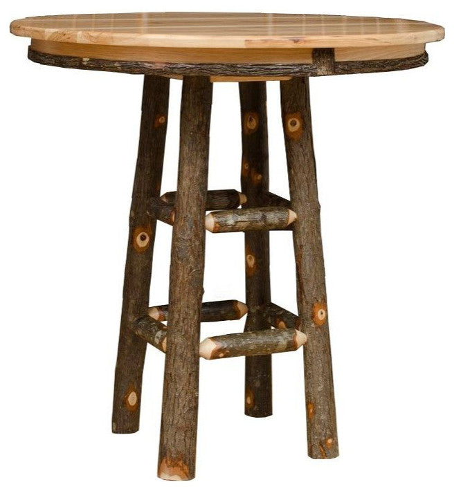 Hickory Log Round Pub Table, All Hickory, 36 Inch, Bar Height