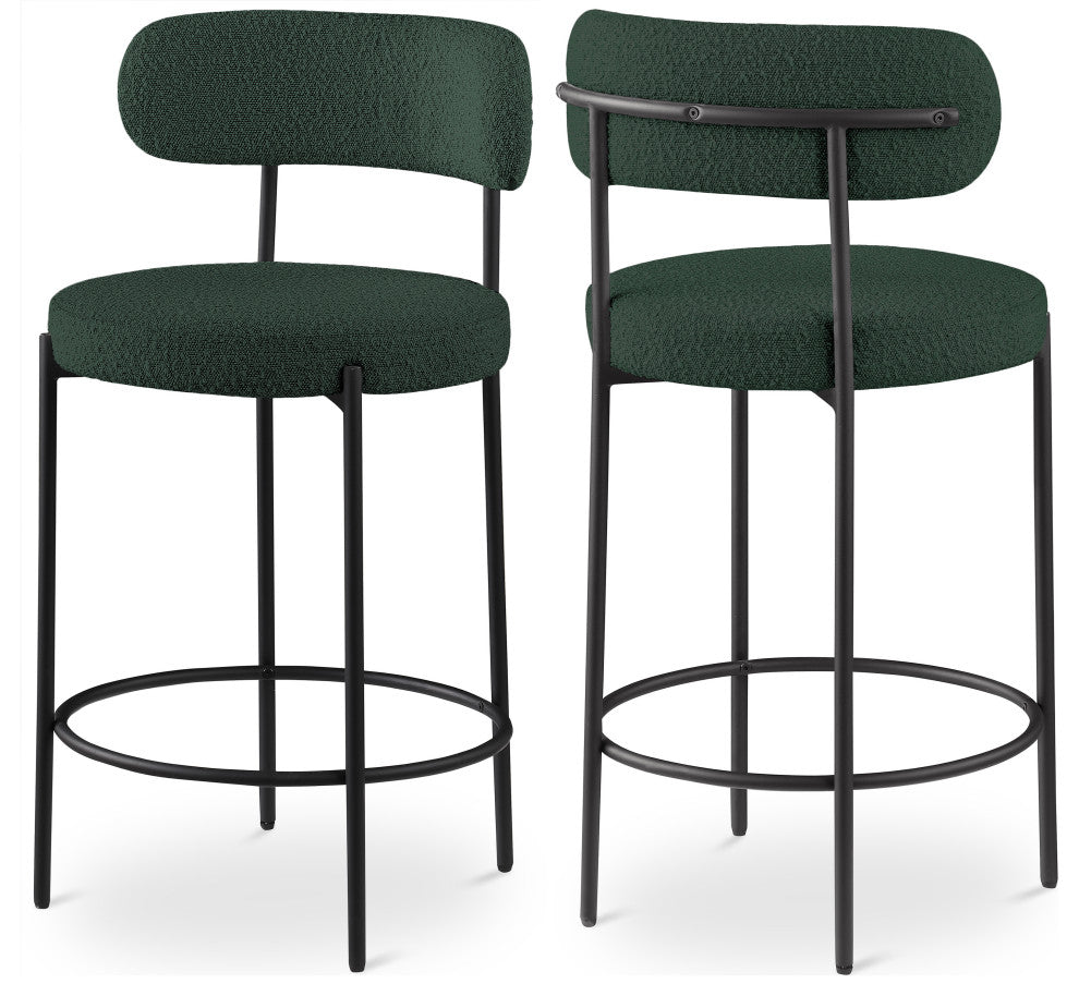 Beacon Upholstered Stool, Set of 2, Green, Matte Black Finish, Boucle Fabric