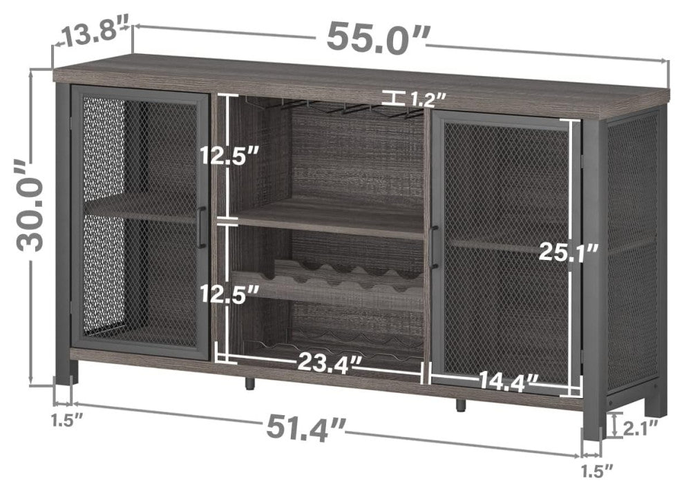 Rustic Bar Cabinet With Bottle Storage and Double Mesh Door Design, Dark Gray Oak