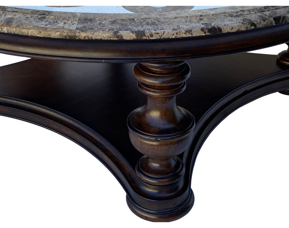 Vintage Estate Round Ribbon Cross Pattern Marble Top Coffee Table Hcs6081