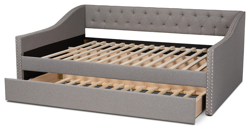 Haylie Light Grey Fabric Upholstered Full Size Daybed With Roll-Out Trundle Bed