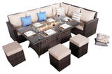 9 Pieces Patio Rectangle Firepit Dinging Table Sofa Set with Wind Guard, Set