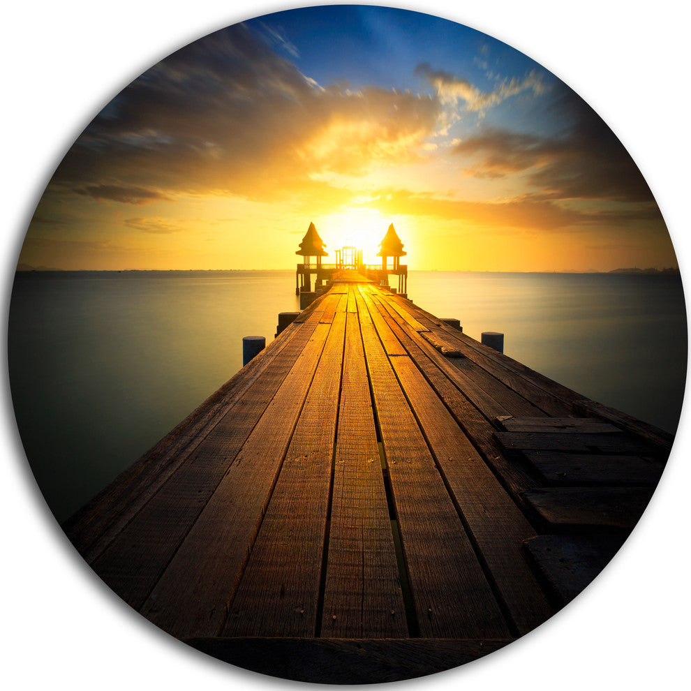 Massive Wood Pier To Sun At Evening, Seascape Disc Metal Artwork, 36"