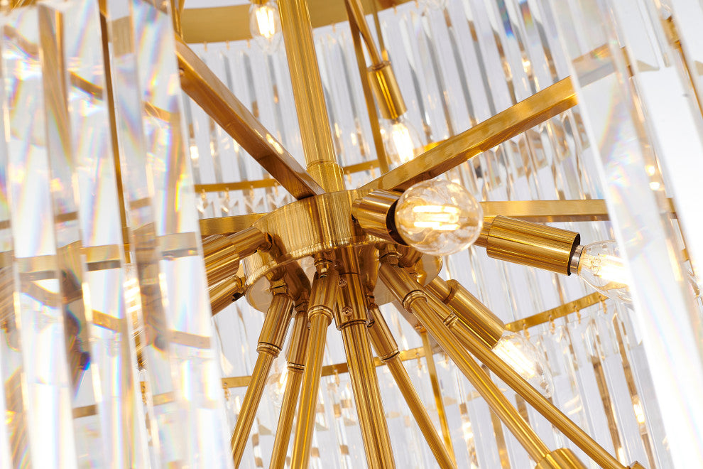 36" 34-Light Brass Metal 7-Tier Chandelier With Clear Crystals, Brass, D36'' H72''