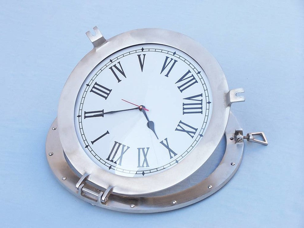 Brushed Nickel Deluxe Class Porthole Clock 17'', Nautical Wall Clock, Beach