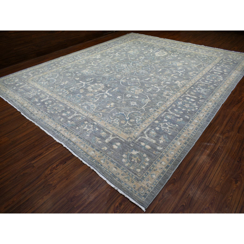 Light Gray, Fine Peshawar, Soft Wool Hand Knotted Oversized Rug, 12'0"x14'6"