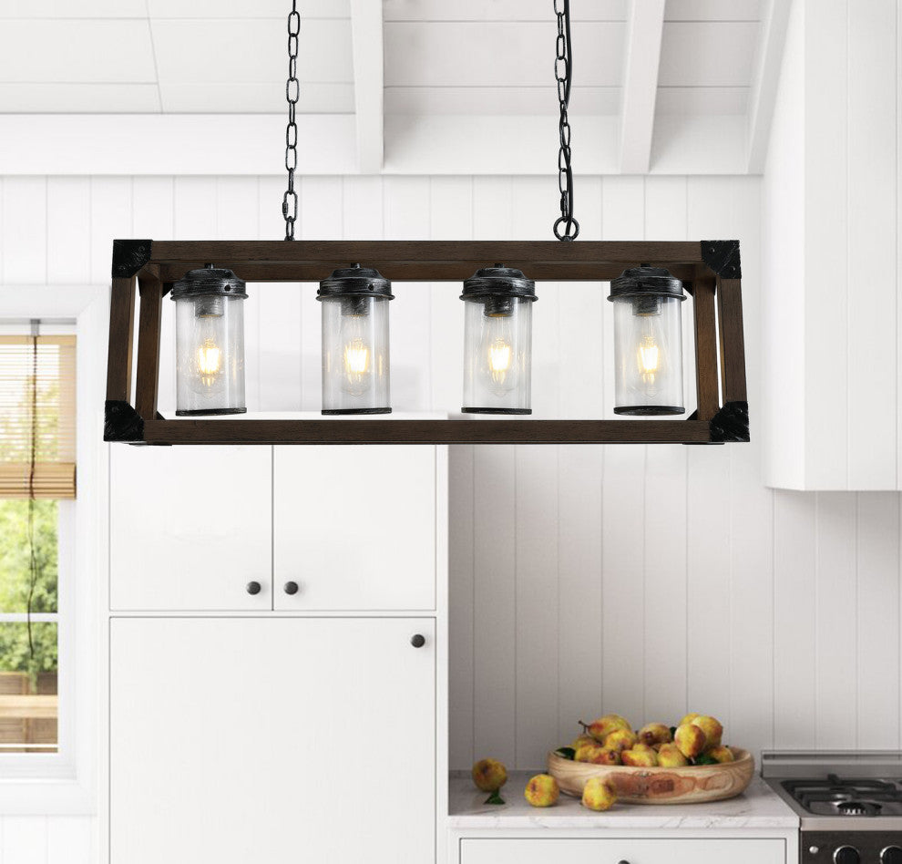4-light Kitchen Island Light Farmhouse Glass Shade Wood Chandelier, Brown