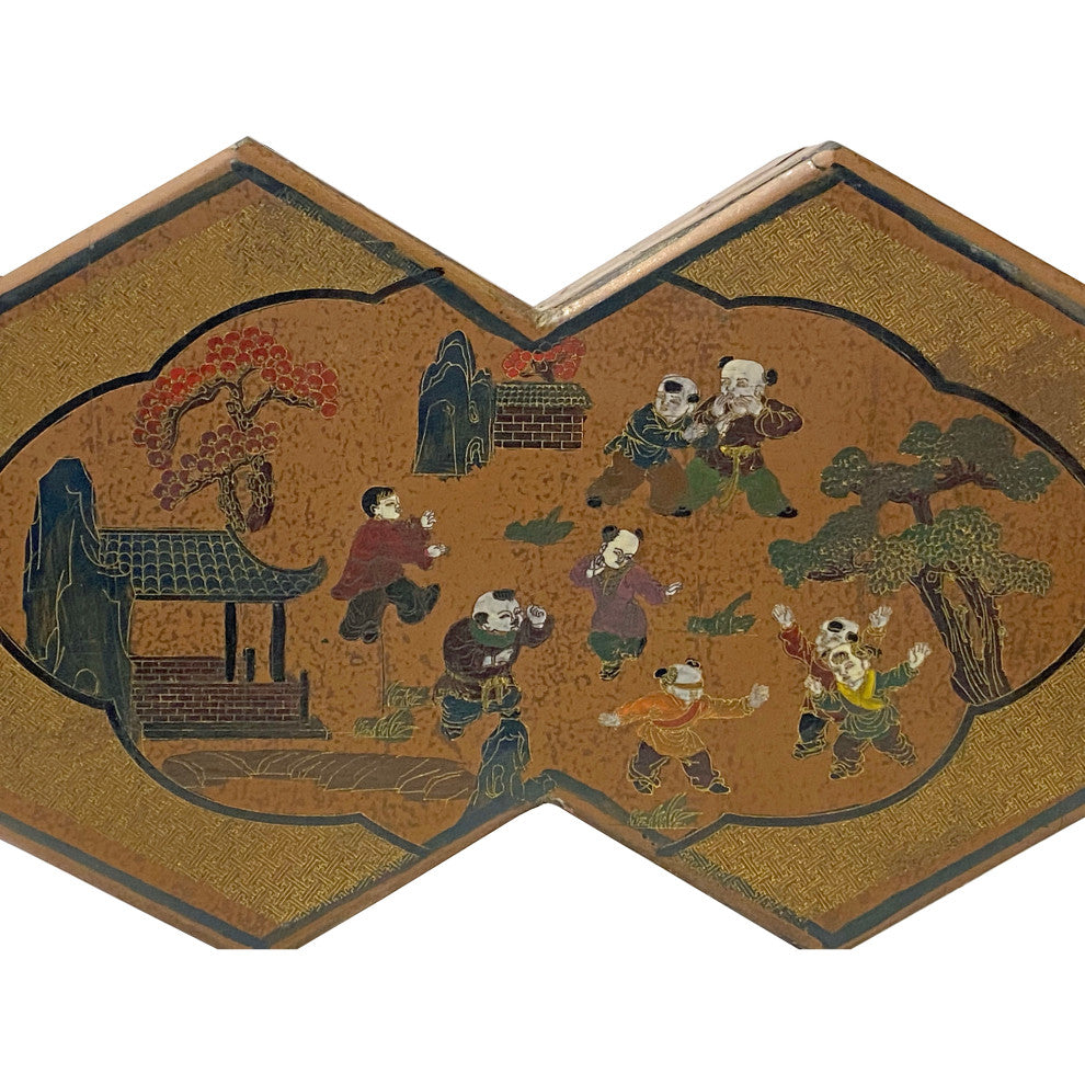 Chinese Distressed Brown People Graphic Rectangular Decagon Shape Box Hws2348