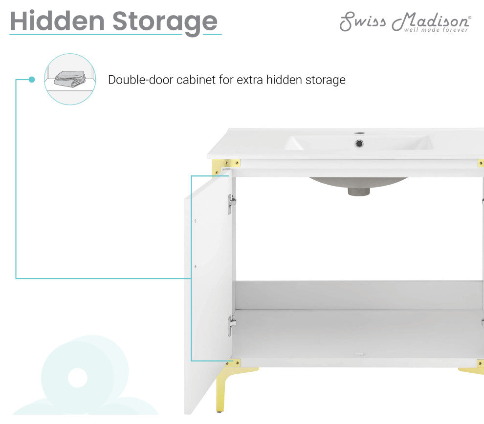 Voltaire 36" Single, Bathroom Vanity, White With Gold Hardware