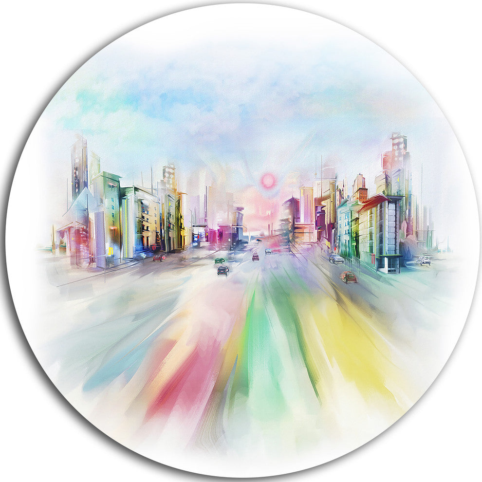 Silhouette Of Big City, Digital Cityscape Round Wall Art, 36"