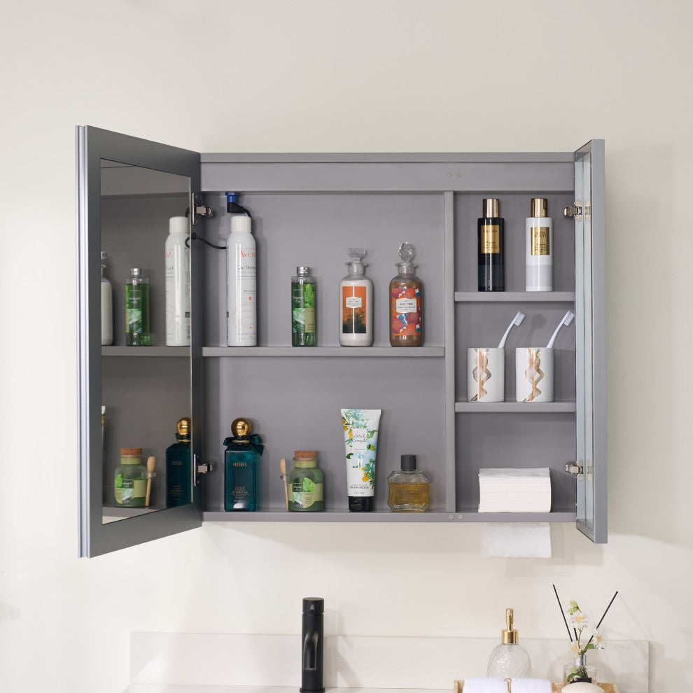 Solid Wood Bathroom Medicine Cabinet With Lights, Defogger, Grey, 30"x28"