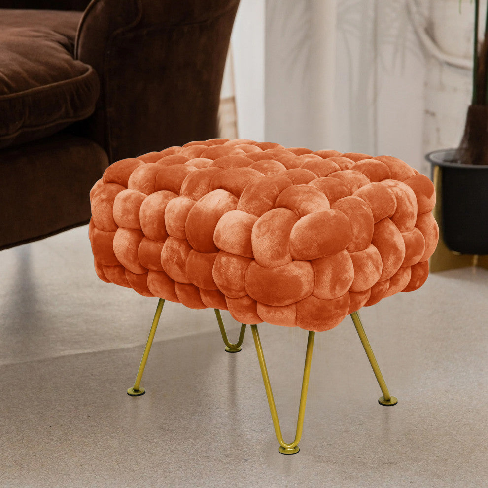 Velvet Pouf Stool Ottoman, Burnt Orange, 27''x20''x20''