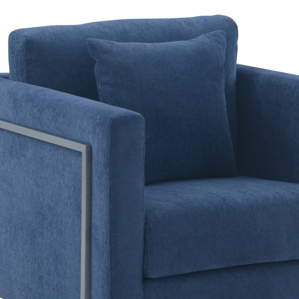 Heritage Blue Fabric Upholstered Accent Chair with Brushed Stainless Steel Legs