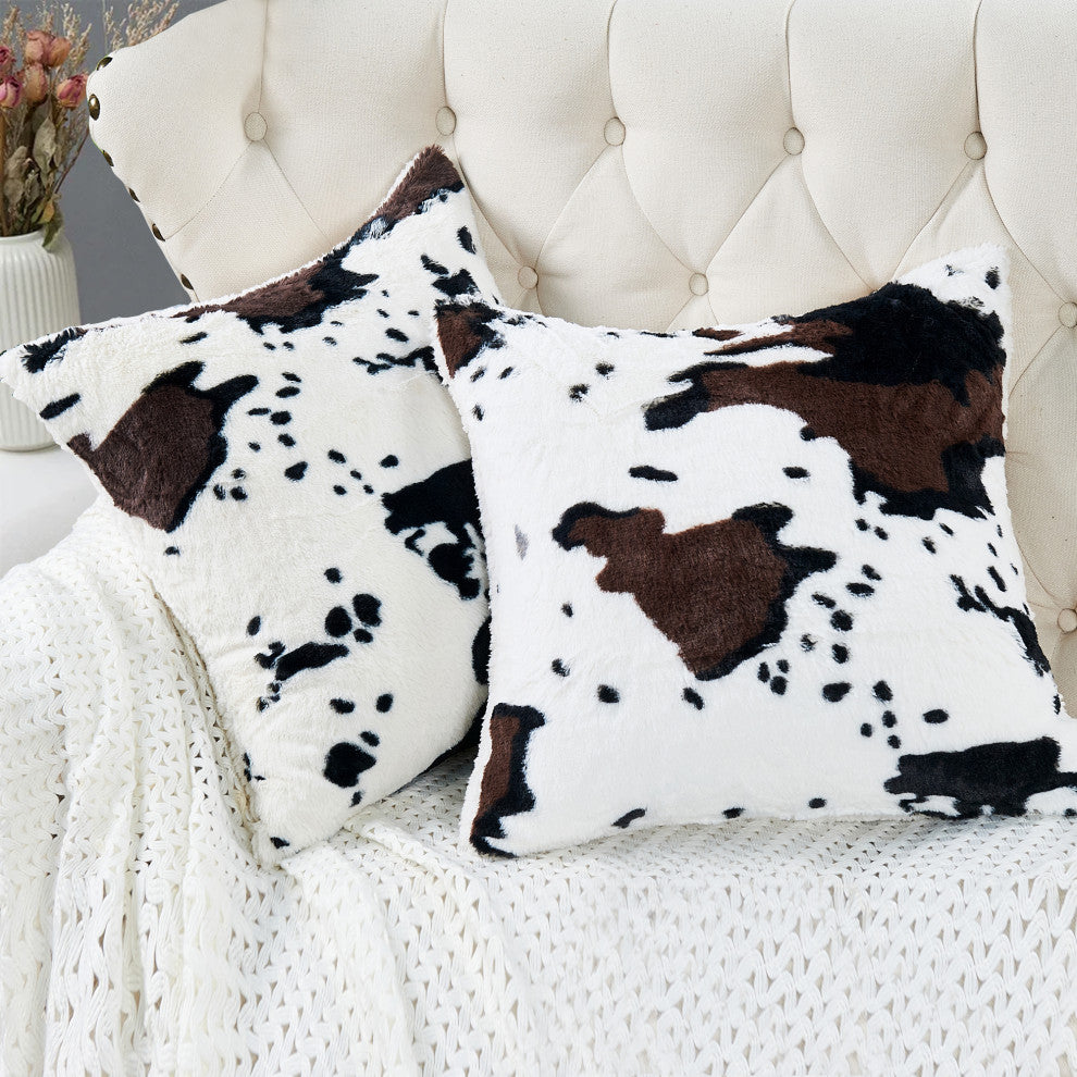 Cow Printed Faux Fur Pillow Shell 2 Piece Set, Black / White