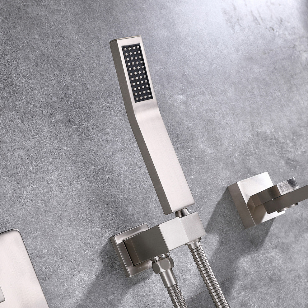 Wall Mounted Double Handle Roman Tub Faucet with Hand Shower, Brushed Nickel