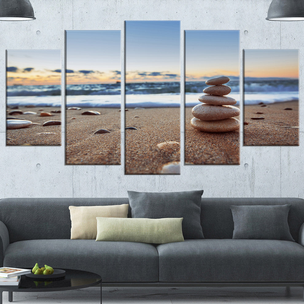 Stones Balance on Sandy Beach, Seashore Canvas Art Print, 60"x32", 5 Panels