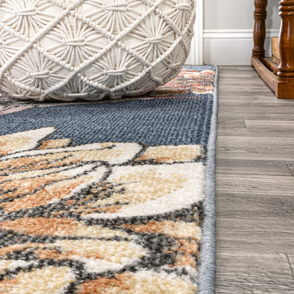 Giglio Modern Botanical Flower Area Rug, Blue/Orange/Cream, 3 X 5